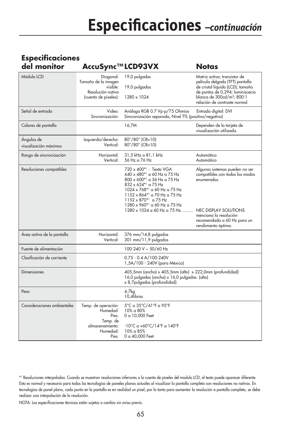 Especiﬁ caciones, Continuación, Especifi caciones del monitor lcd93vx notas | Accusync | NEC ACCUSYNC LCD93VX User Manual | Page 66 / 79