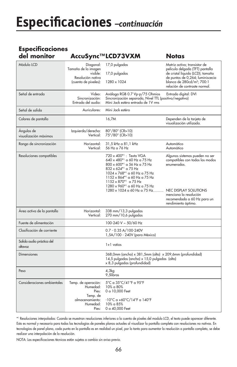 Especiﬁ caciones, Continuación, Especifi caciones del monitor lcd73vxm notas | Accusync | NEC ACCUSYNC LCD93VX User Manual | Page 67 / 79