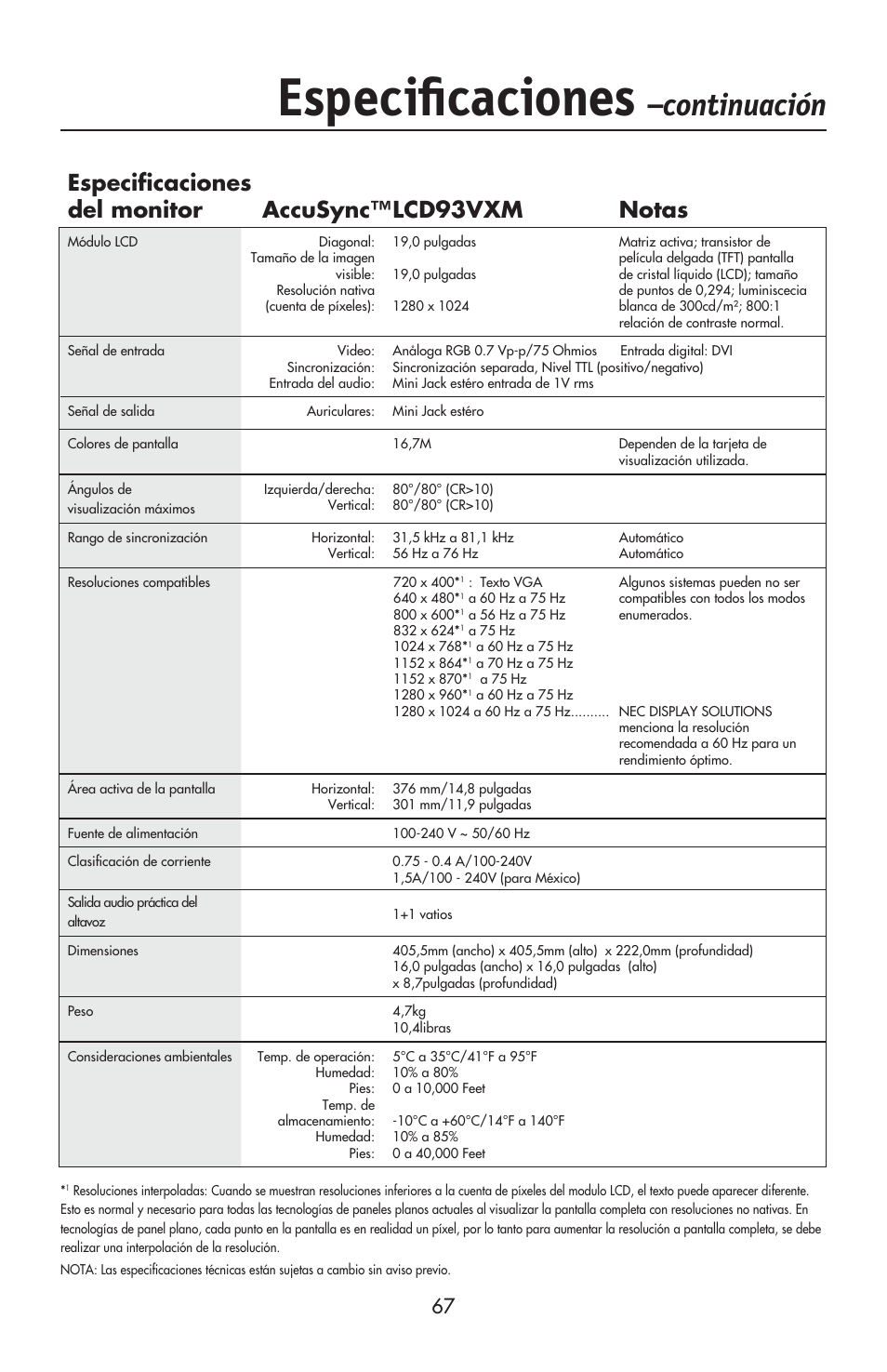 Especiﬁ caciones, Continuación, Especifi caciones del monitor lcd93vxm notas | Accusync | NEC ACCUSYNC LCD93VX User Manual | Page 68 / 79