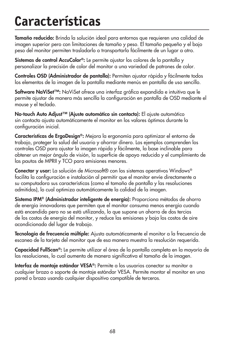 Características | NEC ACCUSYNC LCD93VX User Manual | Page 69 / 79