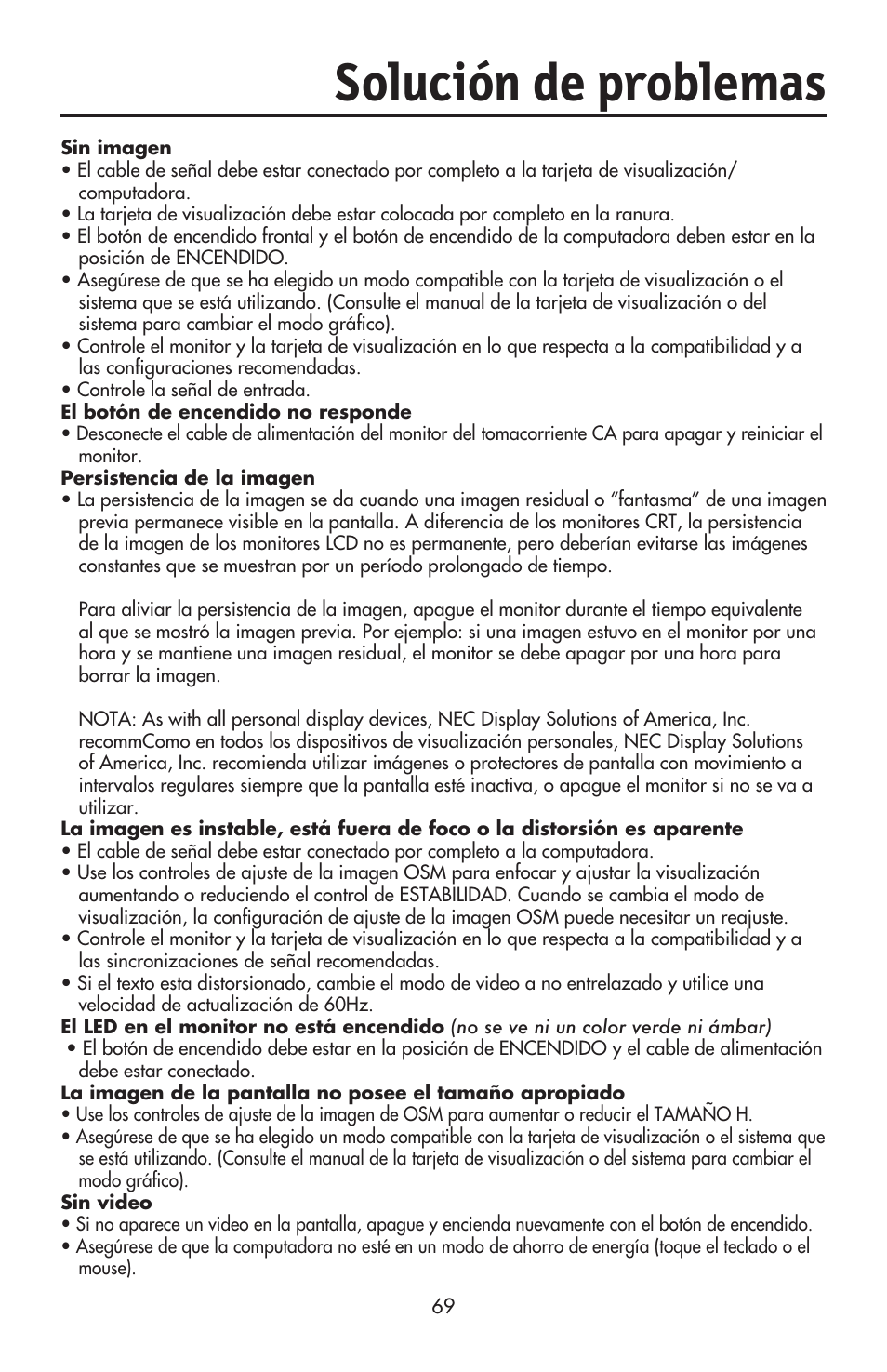 Solución de problemas | NEC ACCUSYNC LCD93VX User Manual | Page 70 / 79