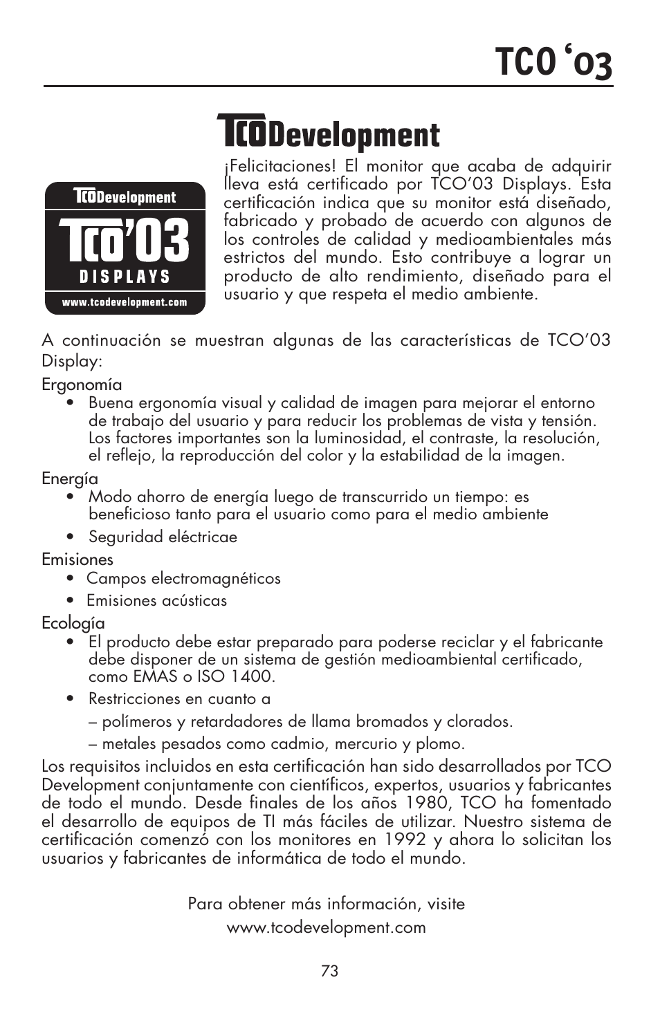 Tco ‘03 | NEC ACCUSYNC LCD93VX User Manual | Page 74 / 79