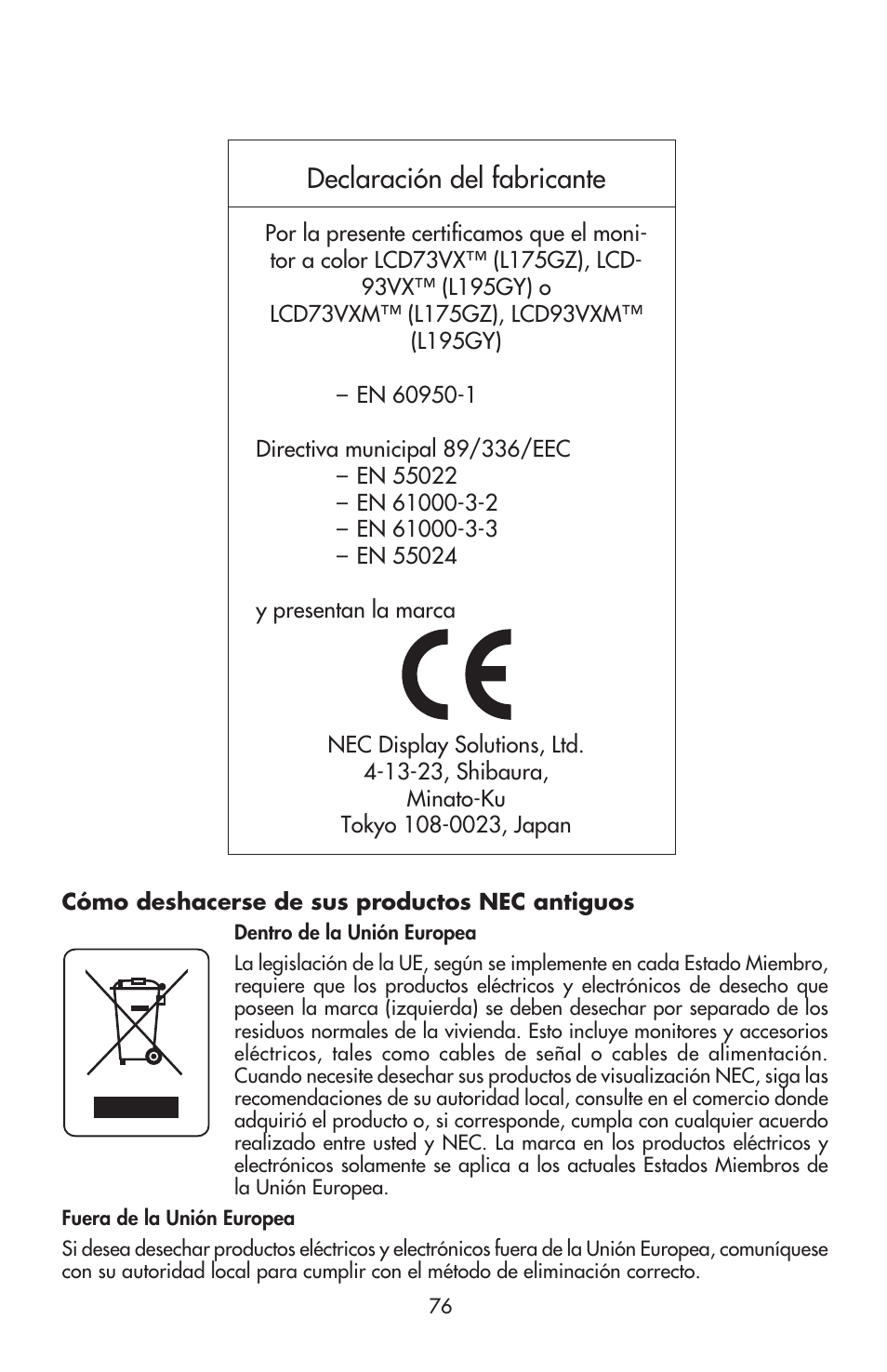 Declaración del fabricante | NEC ACCUSYNC LCD93VX User Manual | Page 77 / 79