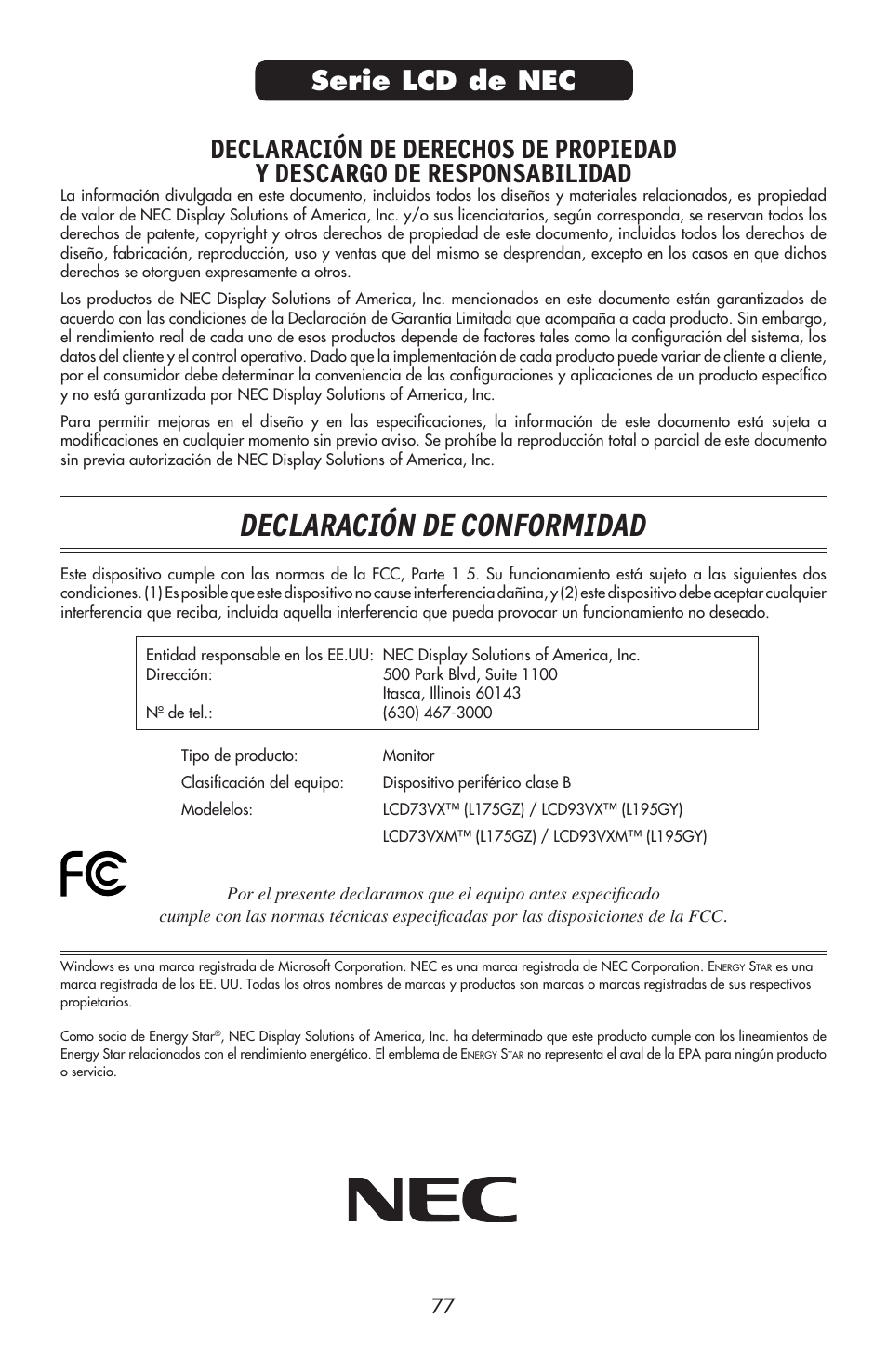 Declaración de conformidad, Serie lcd de nec | NEC ACCUSYNC LCD93VX User Manual | Page 78 / 79