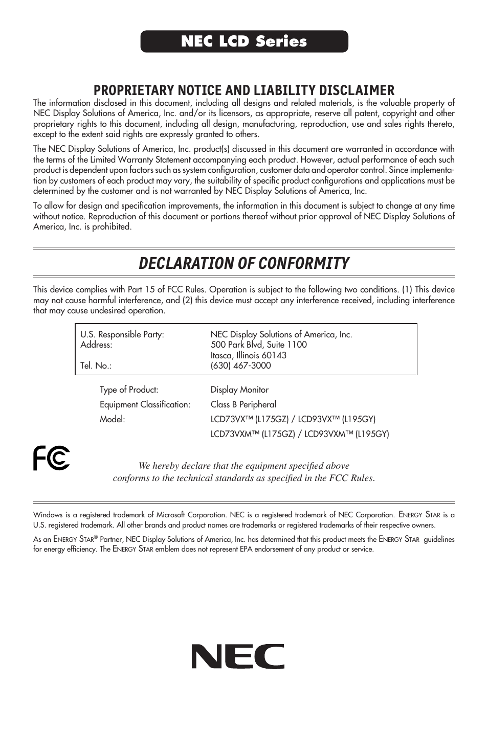 Declaration of conformity, Proprietary notice and liability disclaimer, Nec lcd series | NEC ACCUSYNC LCD93VX User Manual | Page 79 / 79