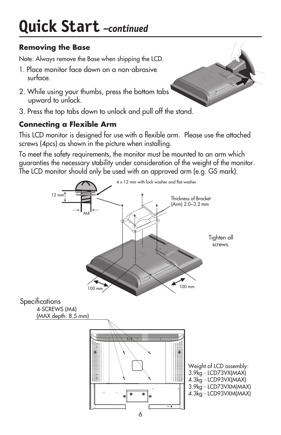 Quick start, Continued | NEC ACCUSYNC LCD93VX User Manual | Page 8 / 79