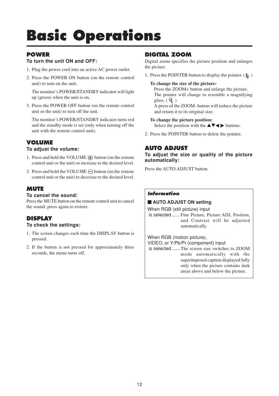 Basic operations | NEC PlasmaSync 50MP1 User Manual | Page 19 / 60