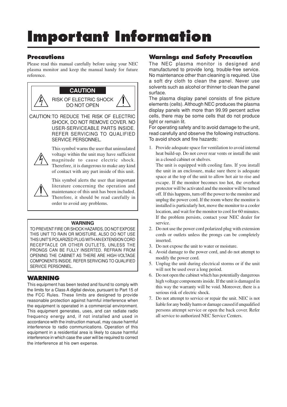 Important information | NEC PlasmaSync 50MP1 User Manual | Page 2 / 60