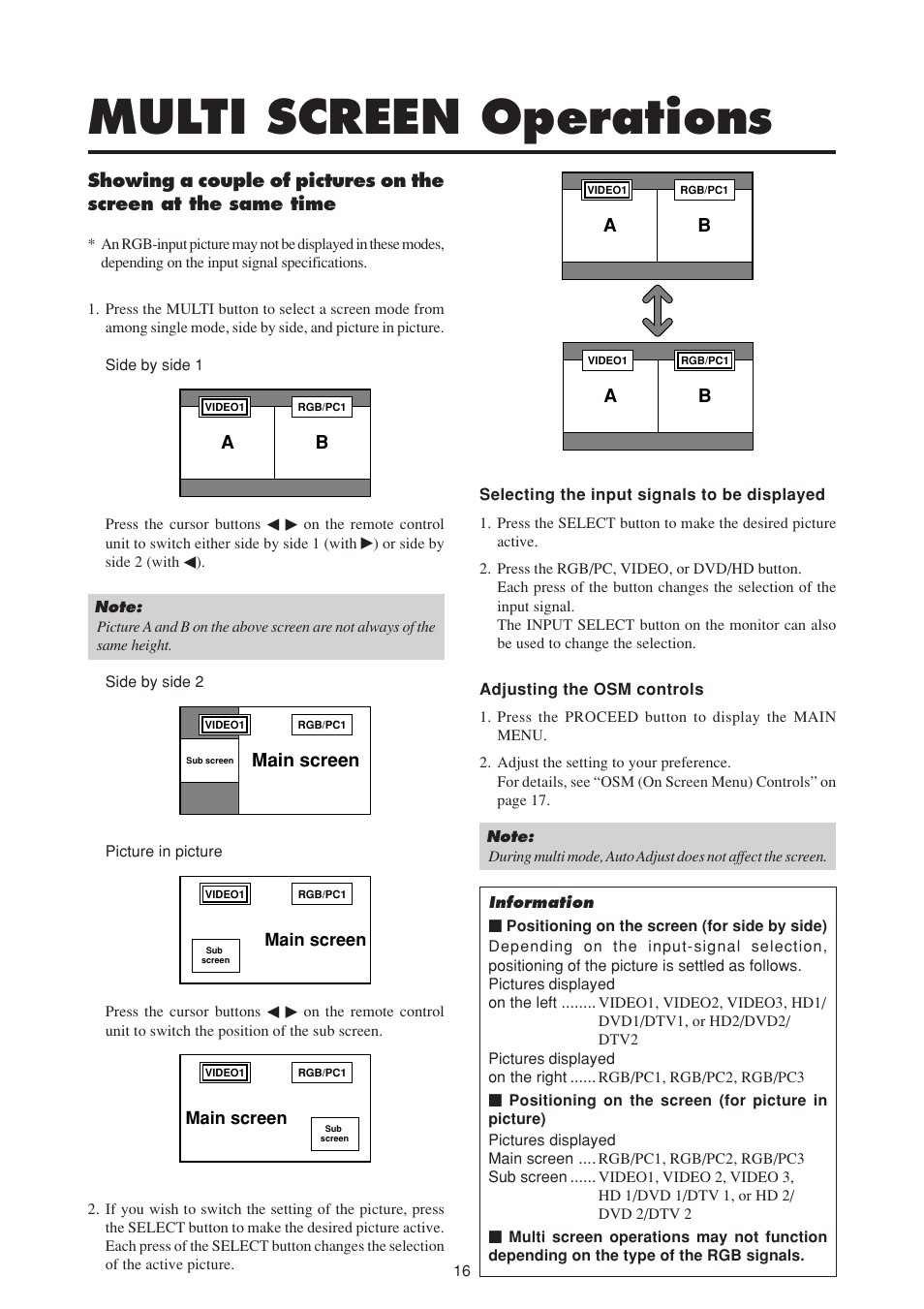 Multi screen operations, Main screen | NEC PlasmaSync 50MP1 User Manual | Page 23 / 60