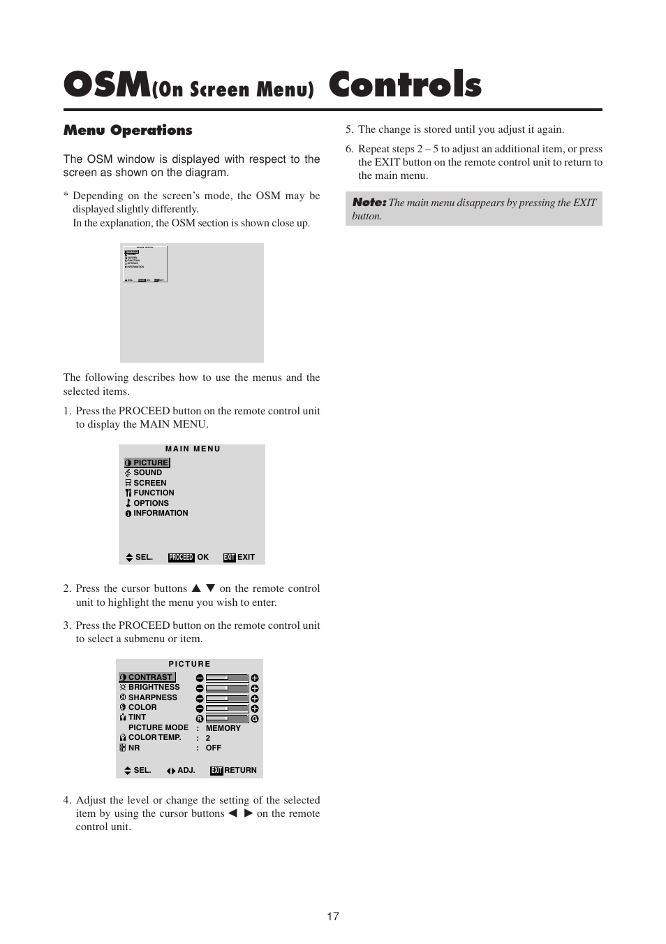Controls, On screen menu), Menu operations | NEC PlasmaSync 50MP1 User Manual | Page 24 / 60