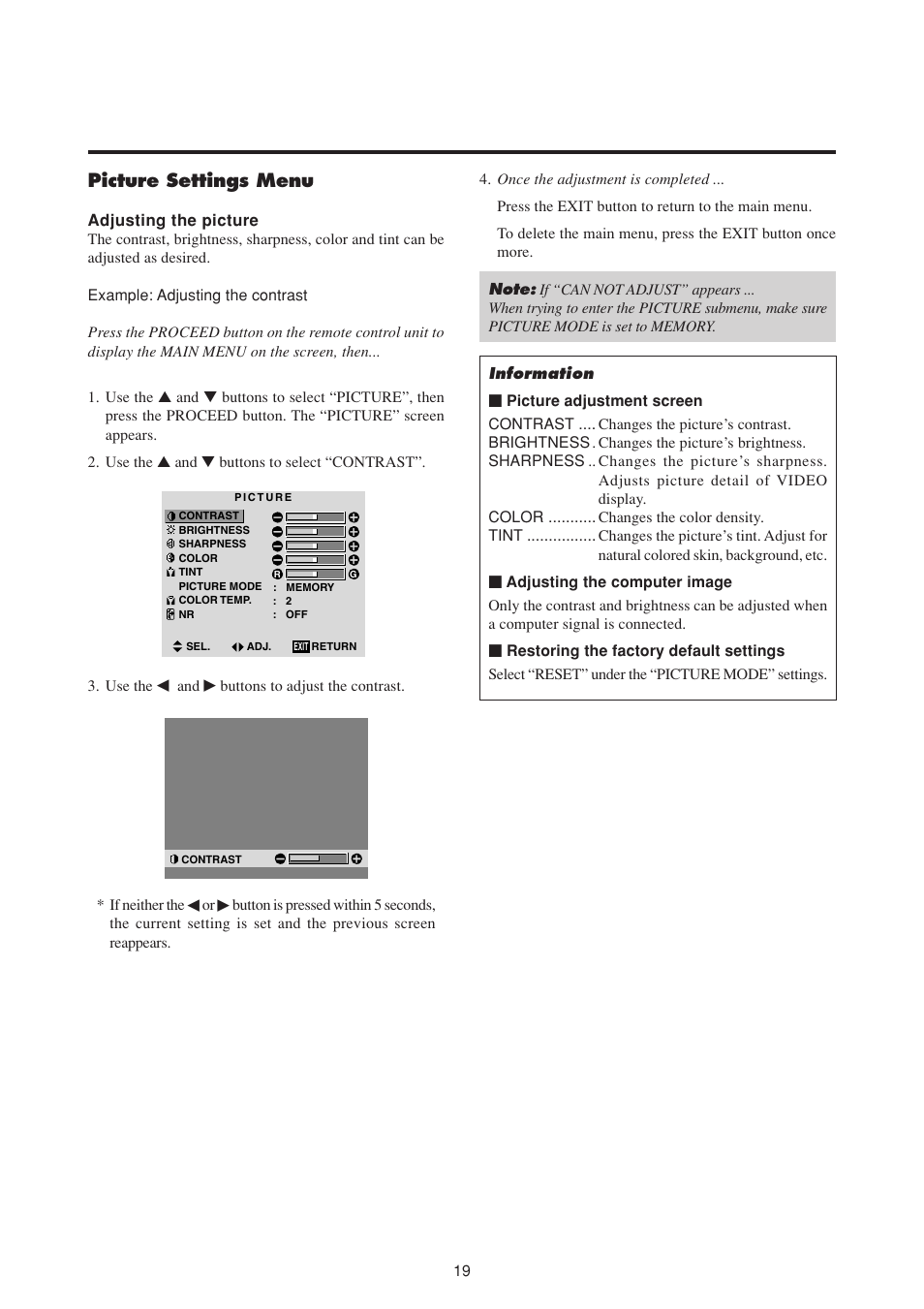 Picture settings menu | NEC PlasmaSync 50MP1 User Manual | Page 26 / 60