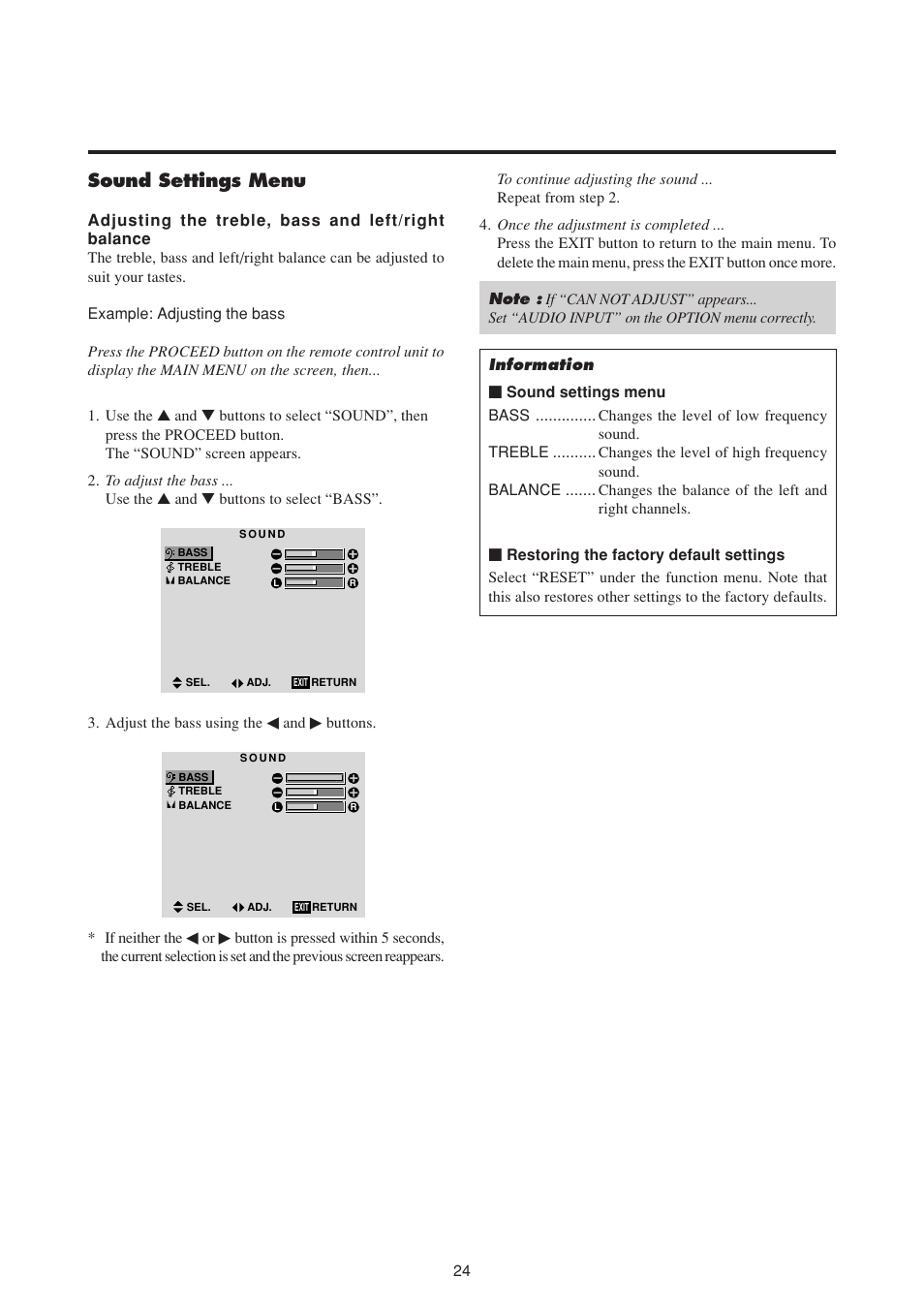 Sound settings menu | NEC PlasmaSync 50MP1 User Manual | Page 31 / 60