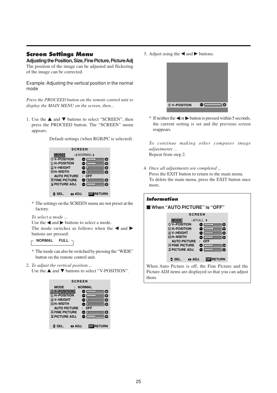 Screen settings menu | NEC PlasmaSync 50MP1 User Manual | Page 32 / 60