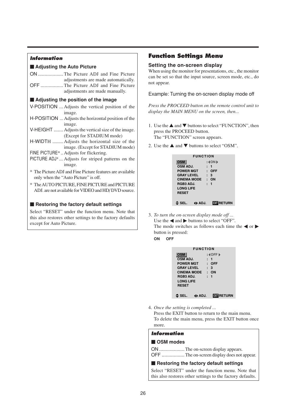 Function settings menu | NEC PlasmaSync 50MP1 User Manual | Page 33 / 60