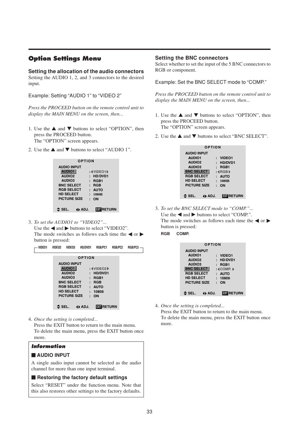 Option settings menu | NEC PlasmaSync 50MP1 User Manual | Page 40 / 60