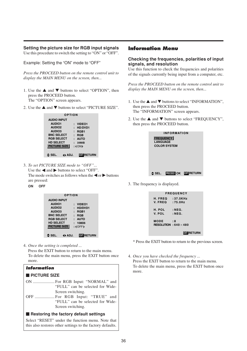 Information menu | NEC PlasmaSync 50MP1 User Manual | Page 43 / 60