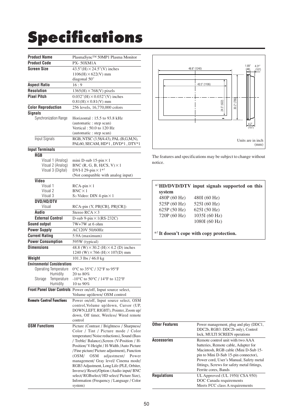 Specifications | NEC PlasmaSync 50MP1 User Manual | Page 57 / 60