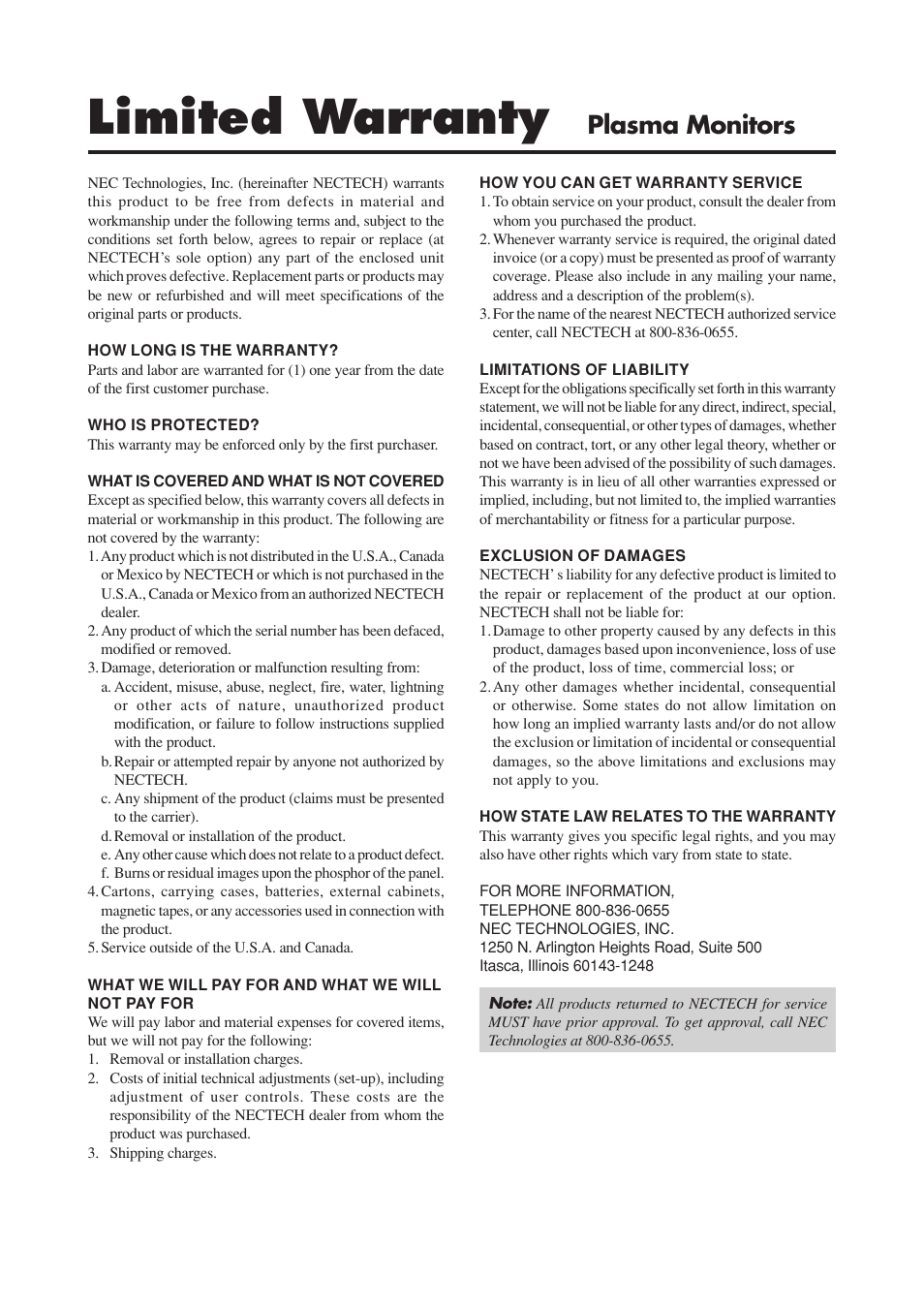 Limited warranty, Plasma monitors | NEC PlasmaSync 50MP1 User Manual | Page 6 / 60