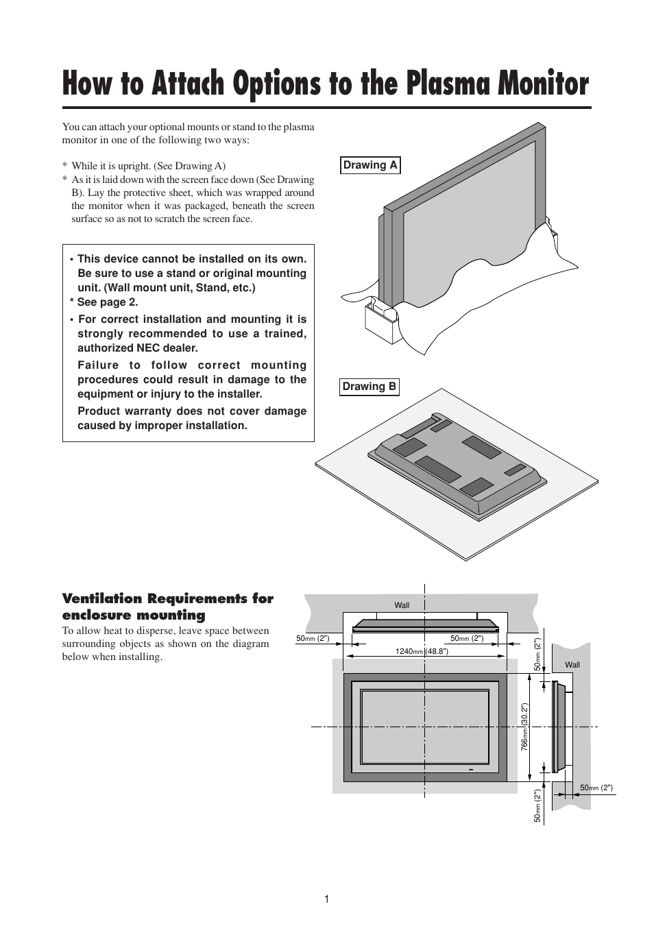 How to attach options to the plasma monitor, Ventilation requirements for enclosure mounting | NEC PlasmaSync 50MP1 User Manual | Page 8 / 60