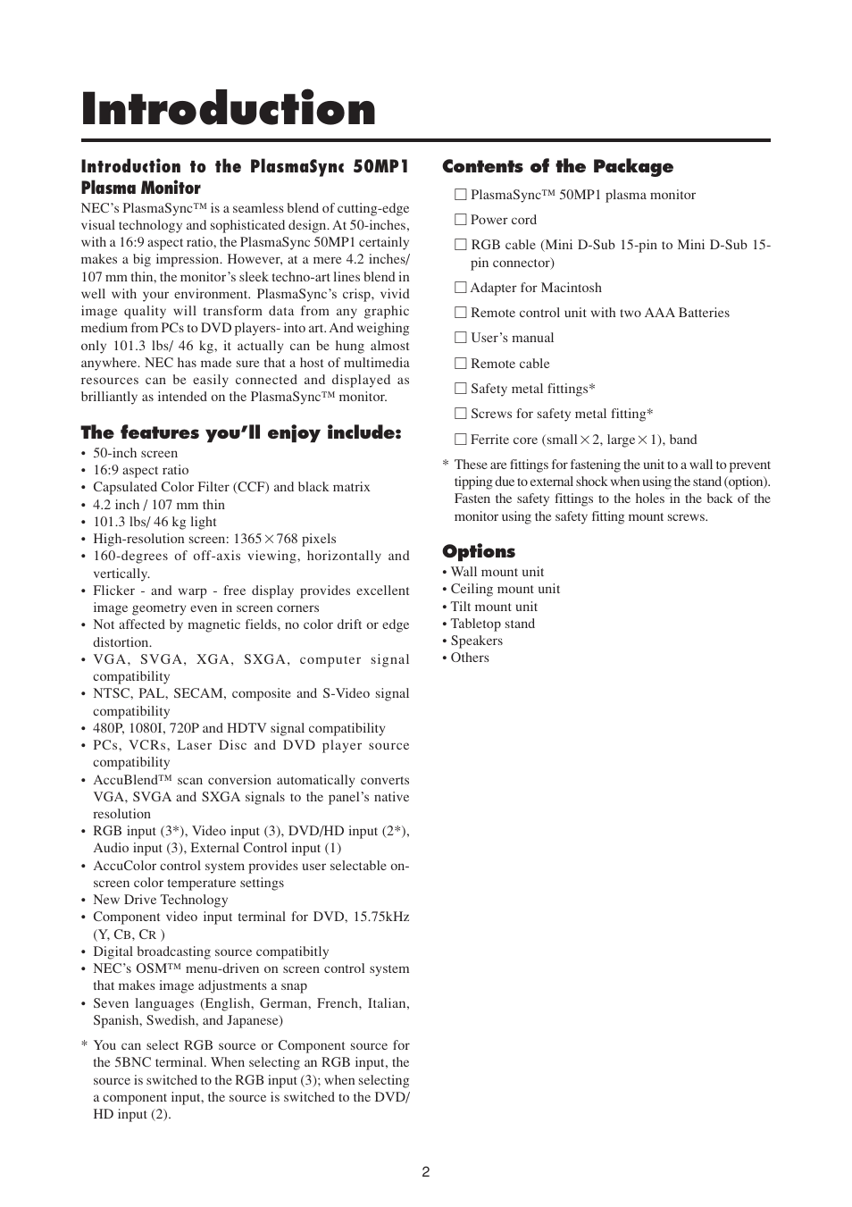 Introduction | NEC PlasmaSync 50MP1 User Manual | Page 9 / 60