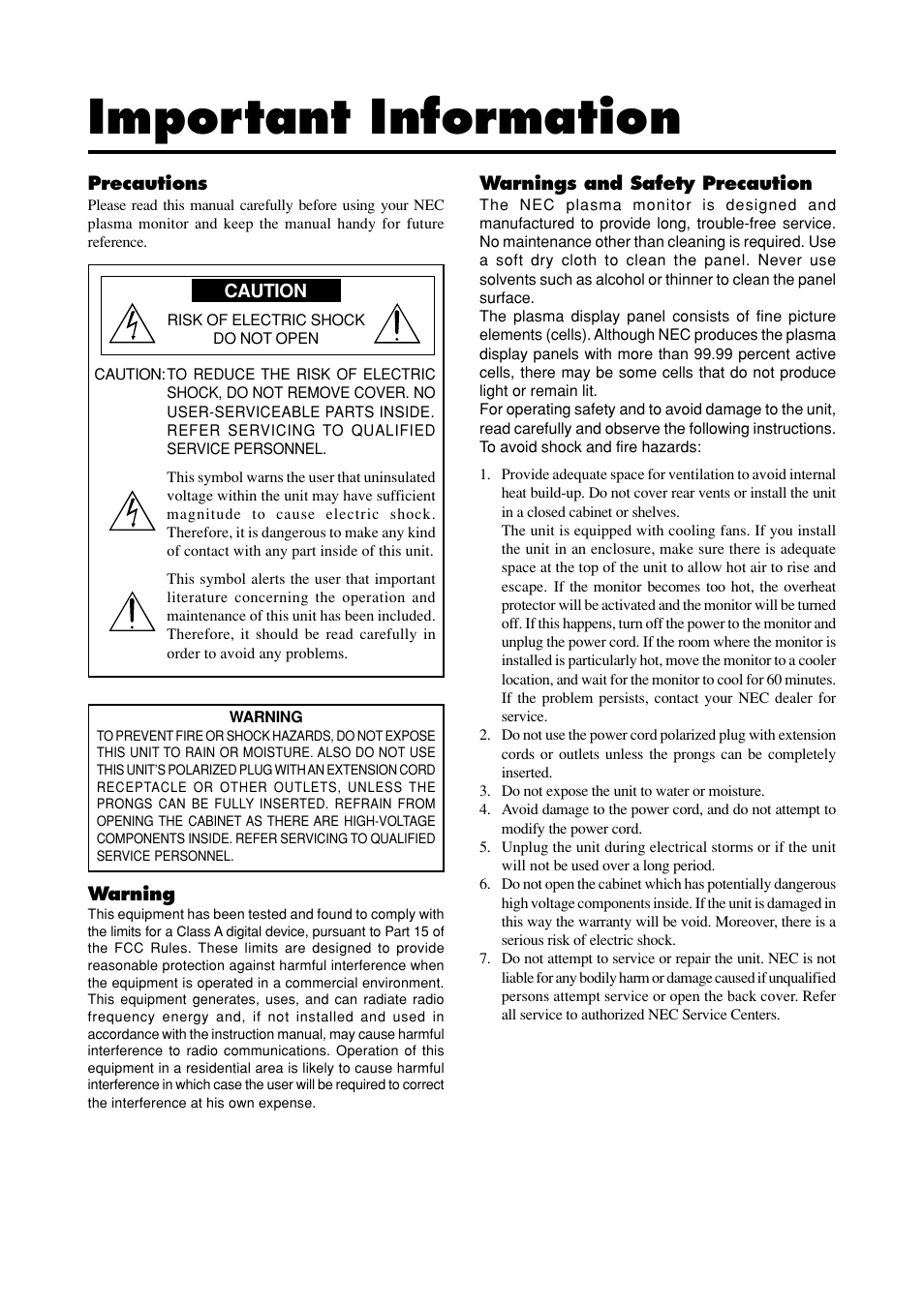 Important information | NEC PlasmaSync 50MP2 User Manual | Page 2 / 68