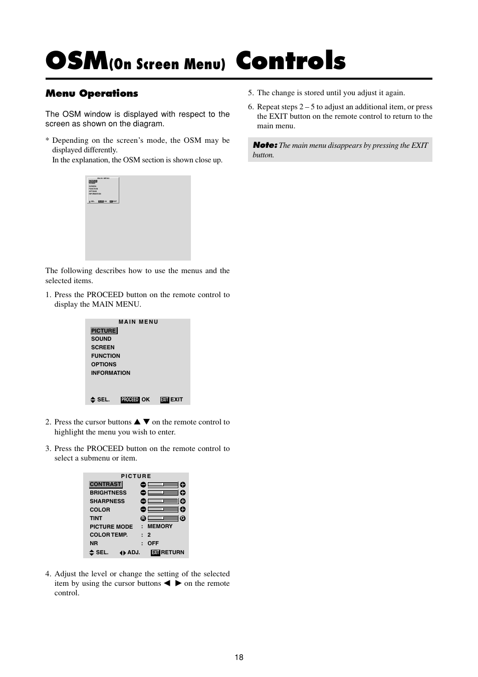 Controls, On screen menu), Menu operations | On the remote control | NEC PlasmaSync 50MP2 User Manual | Page 25 / 68