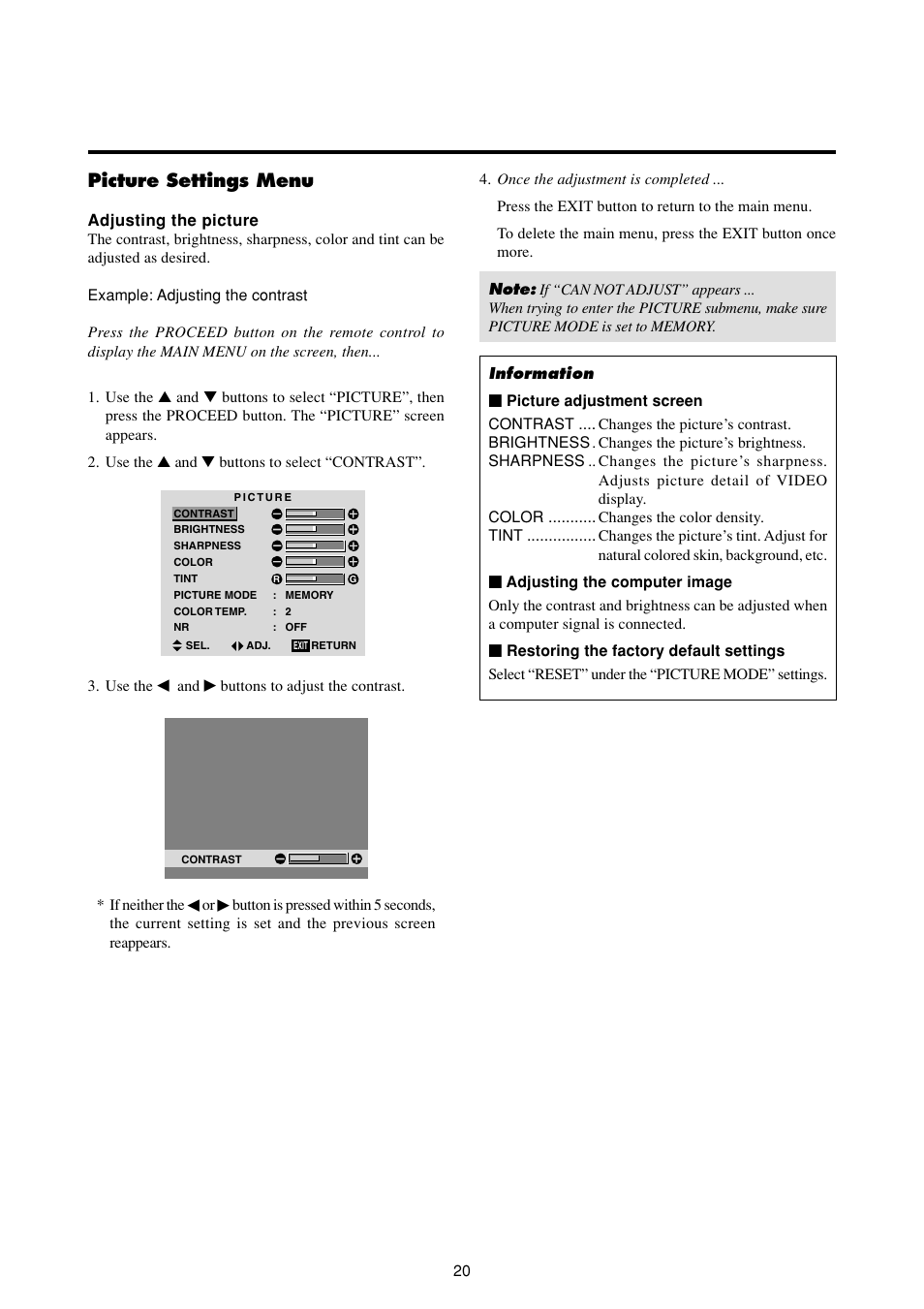 Picture settings menu | NEC PlasmaSync 50MP2 User Manual | Page 27 / 68