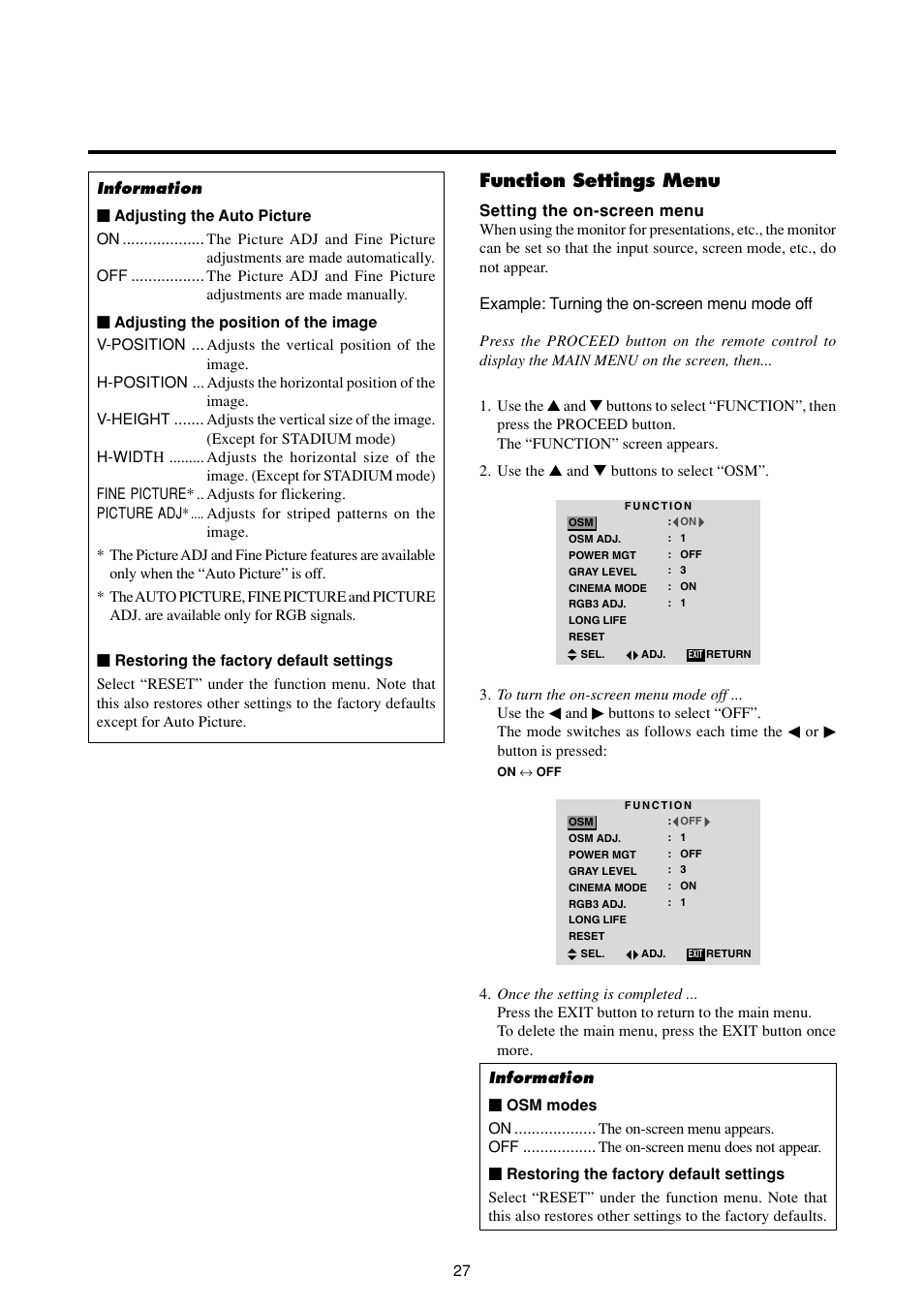 Function settings menu | NEC PlasmaSync 50MP2 User Manual | Page 34 / 68