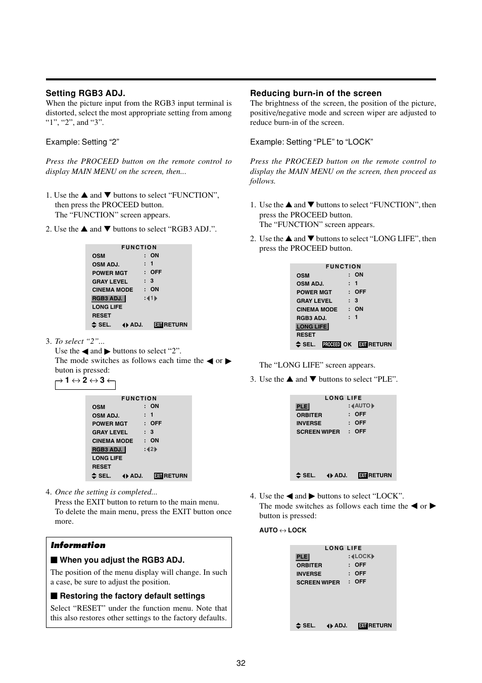 Buton is pressed: → 1 ↔ 2 ↔ 3, Use the, Button is pressed | NEC PlasmaSync 50MP2 User Manual | Page 39 / 68