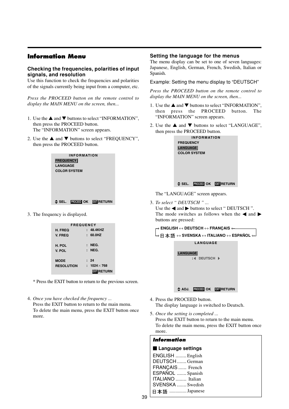 Information menu | NEC PlasmaSync 50MP2 User Manual | Page 46 / 68