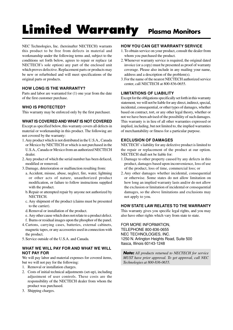 Limited warranty, Plasma monitors | NEC PlasmaSync 50MP2 User Manual | Page 6 / 68