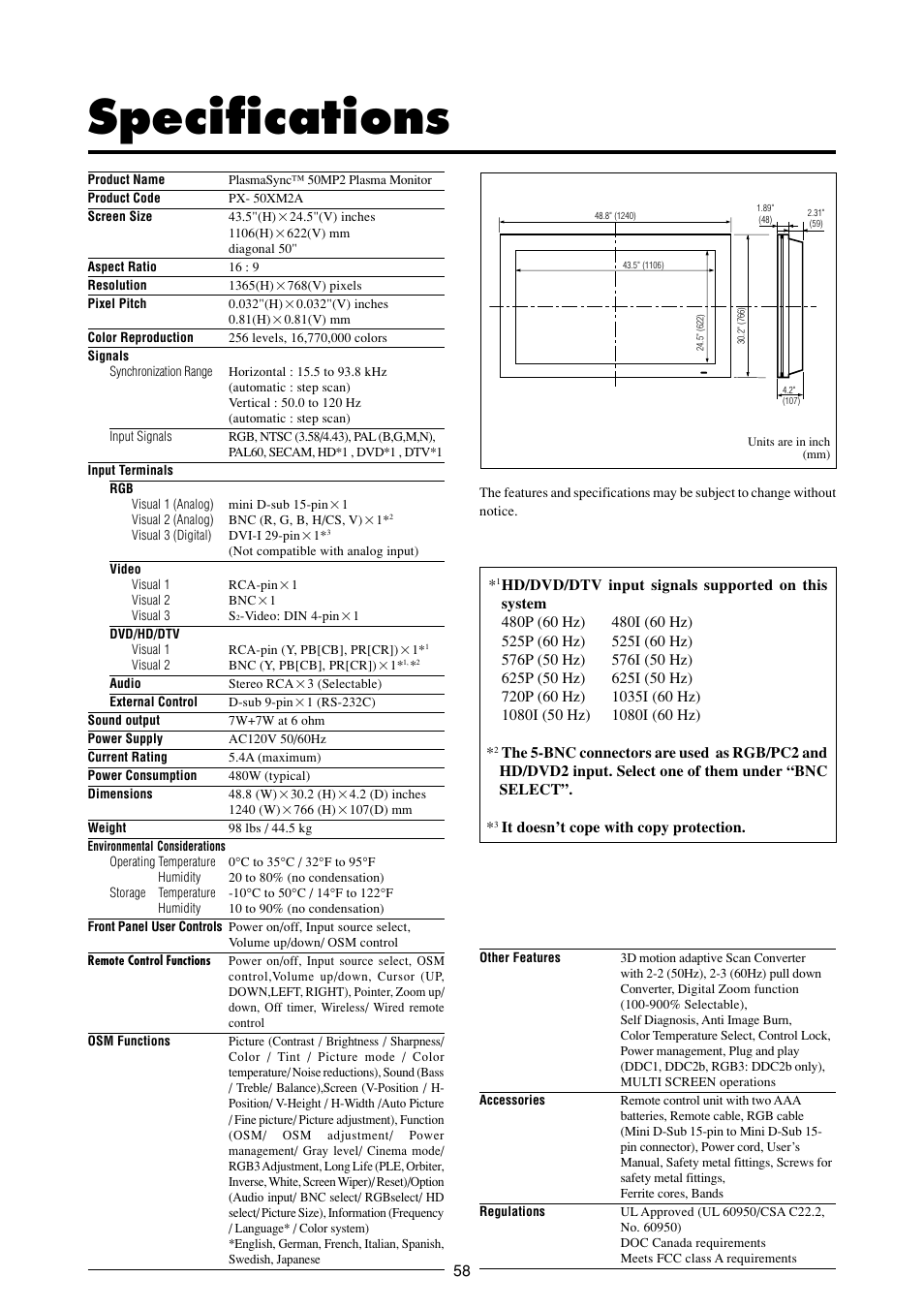 Specifications | NEC PlasmaSync 50MP2 User Manual | Page 65 / 68