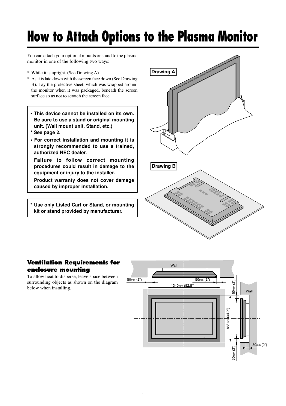 How to attach options to the plasma monitor, Ventilation requirements for enclosure mounting | NEC PlasmaSync 50MP2 User Manual | Page 8 / 68