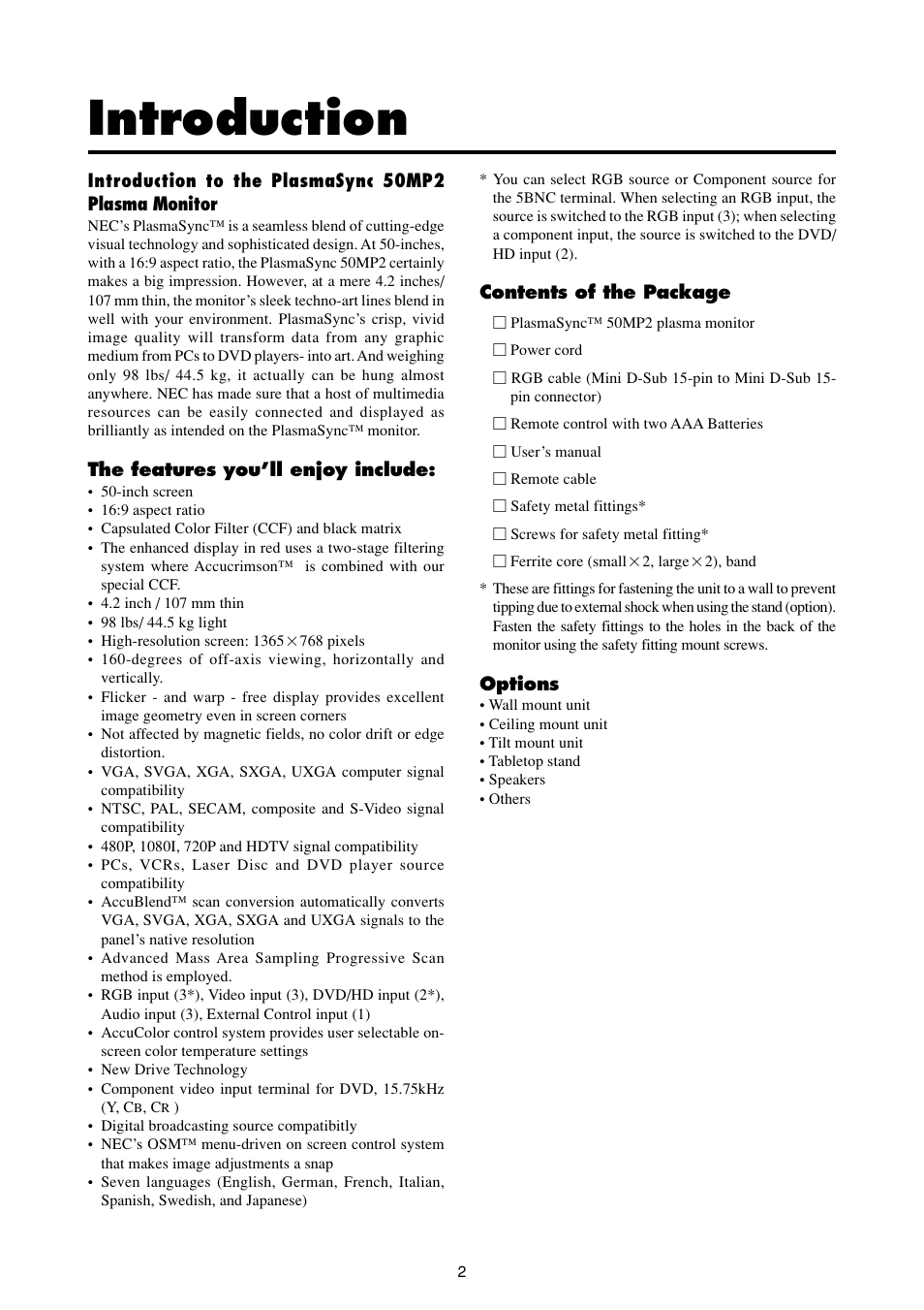 Introduction | NEC PlasmaSync 50MP2 User Manual | Page 9 / 68