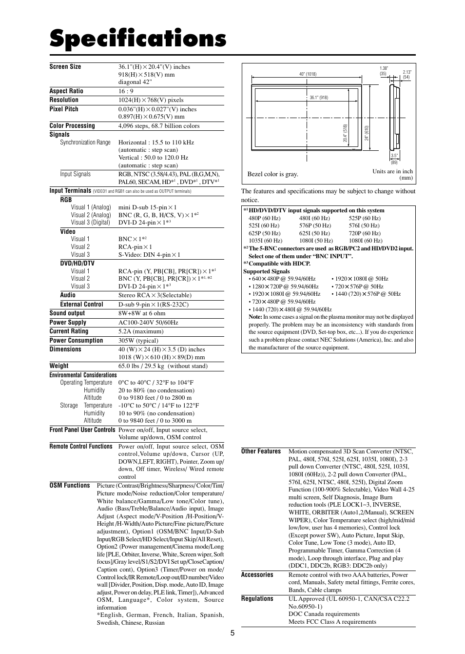 Specifications | NEC 42XM3 PX-42XM3A User Manual | Page 5 / 8