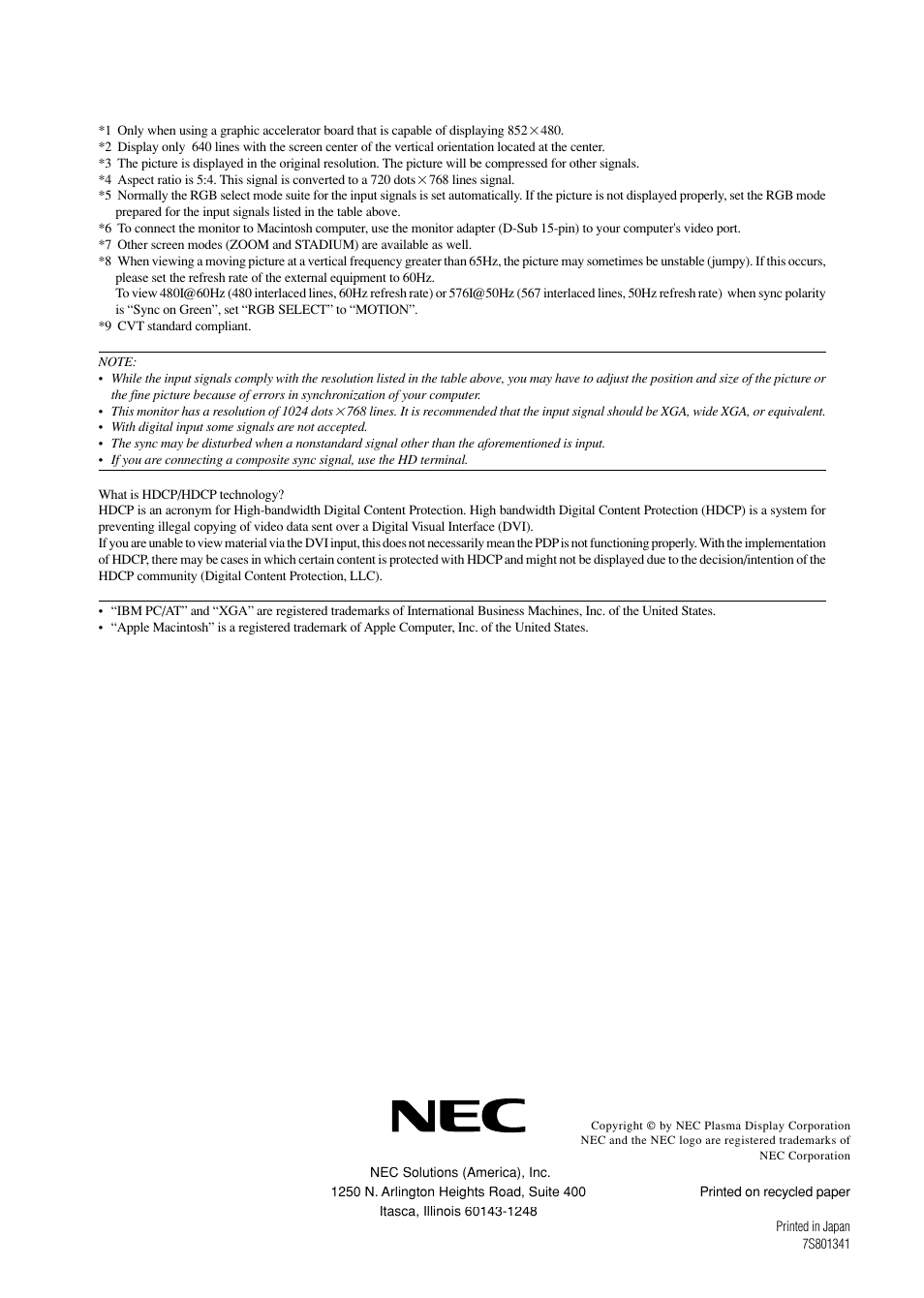 NEC 42XM3 PX-42XM3A User Manual | Page 8 / 8