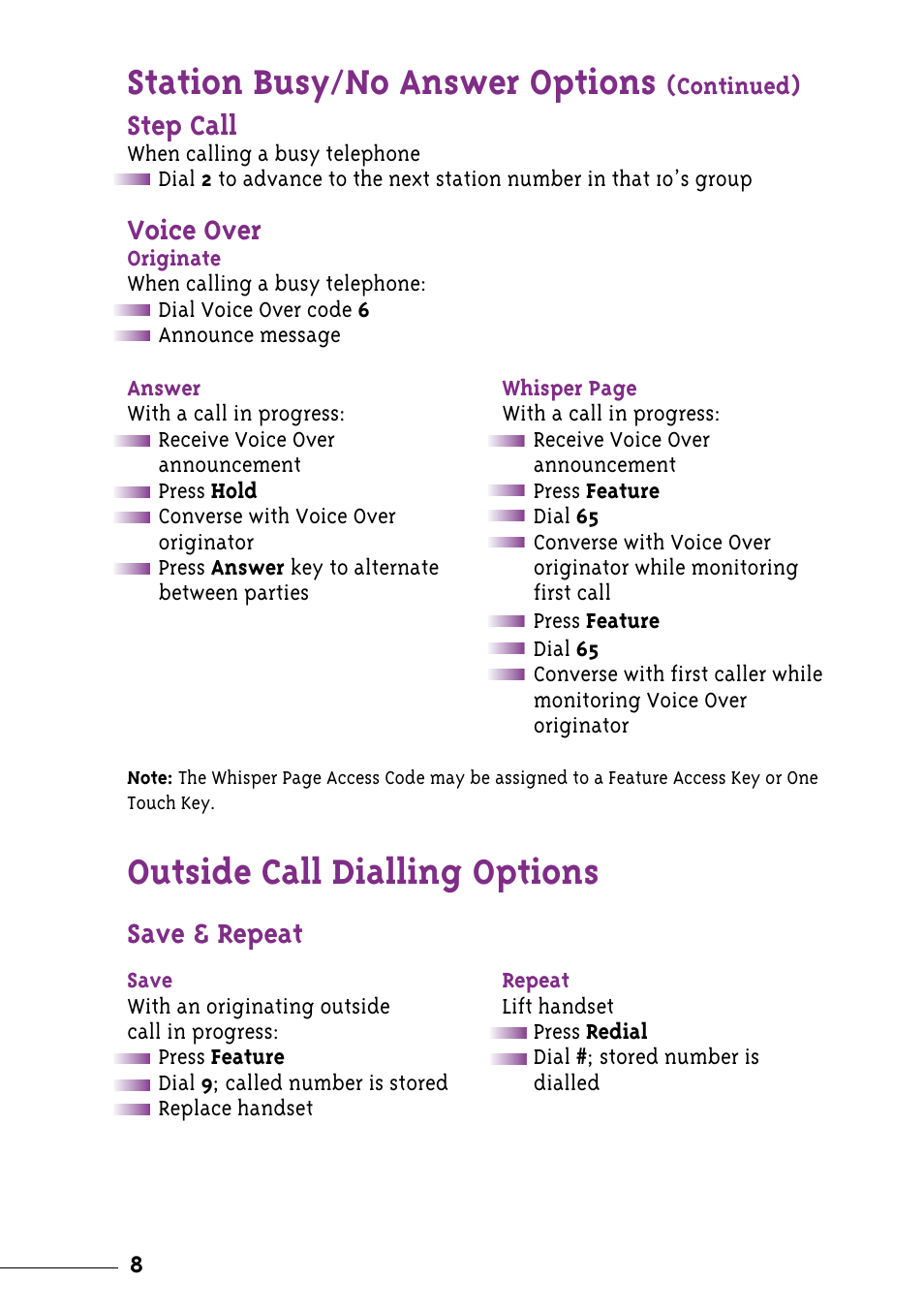 Station busy / no answer options, Outside call dialling options, Step call | Voice over, Save & repeat | NEC Xen User Manual | Page 10 / 24