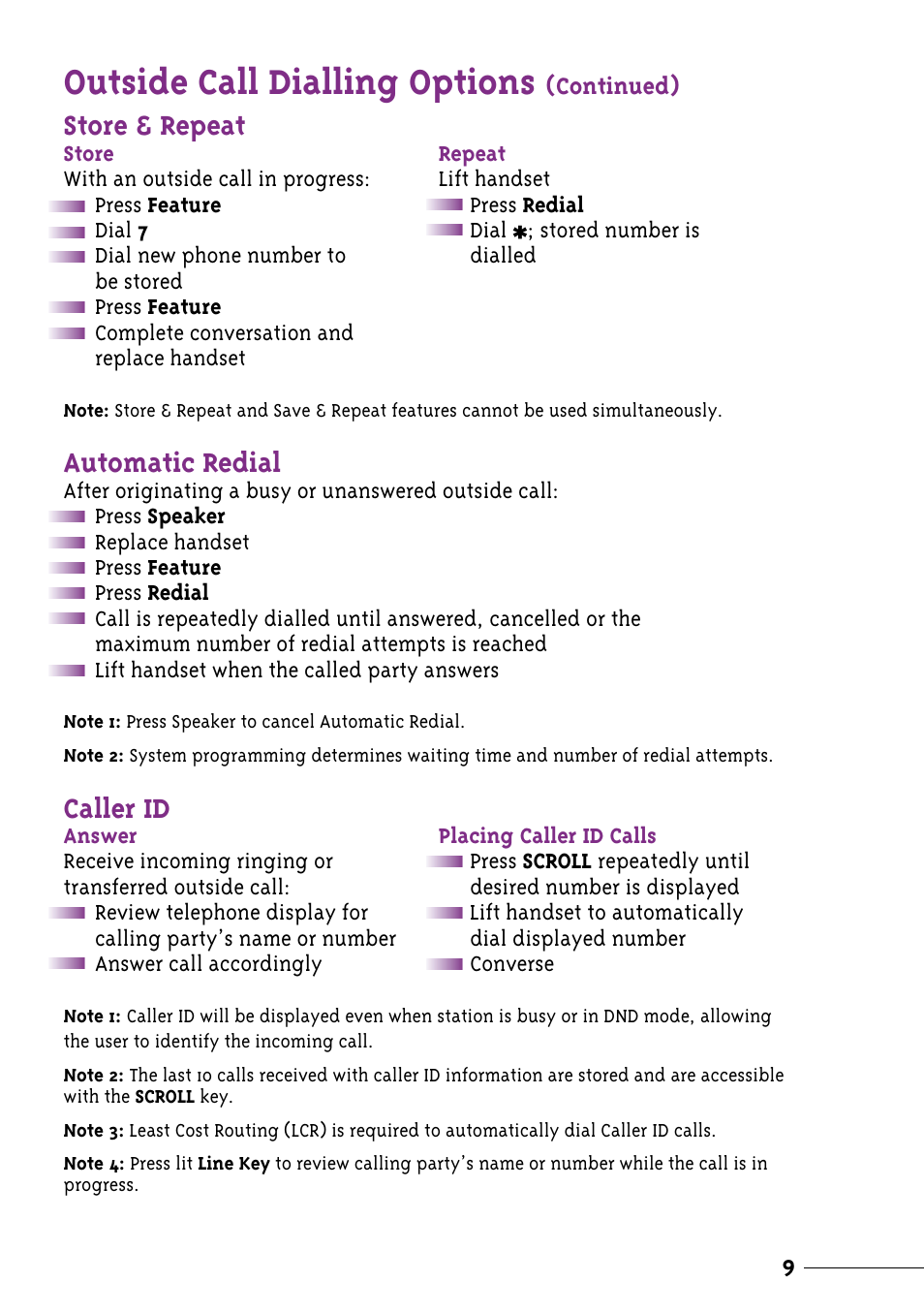 Outside call dialling options, Store & repeat, Automatic redial | Caller id | NEC Xen User Manual | Page 11 / 24