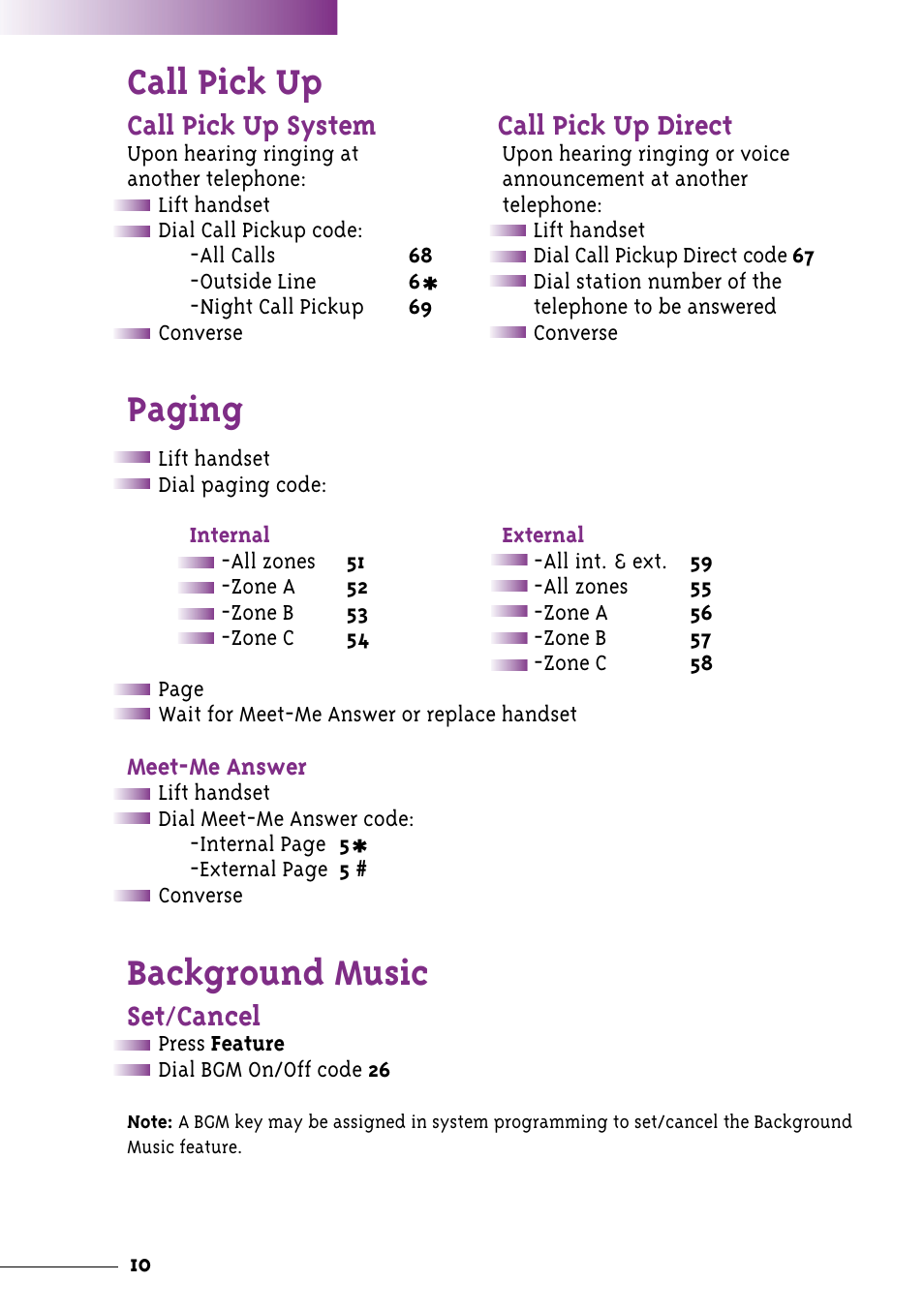 Call pick up, Paging, Background music | Call pick up system call pick up direct, Set / cancel | NEC Xen User Manual | Page 12 / 24