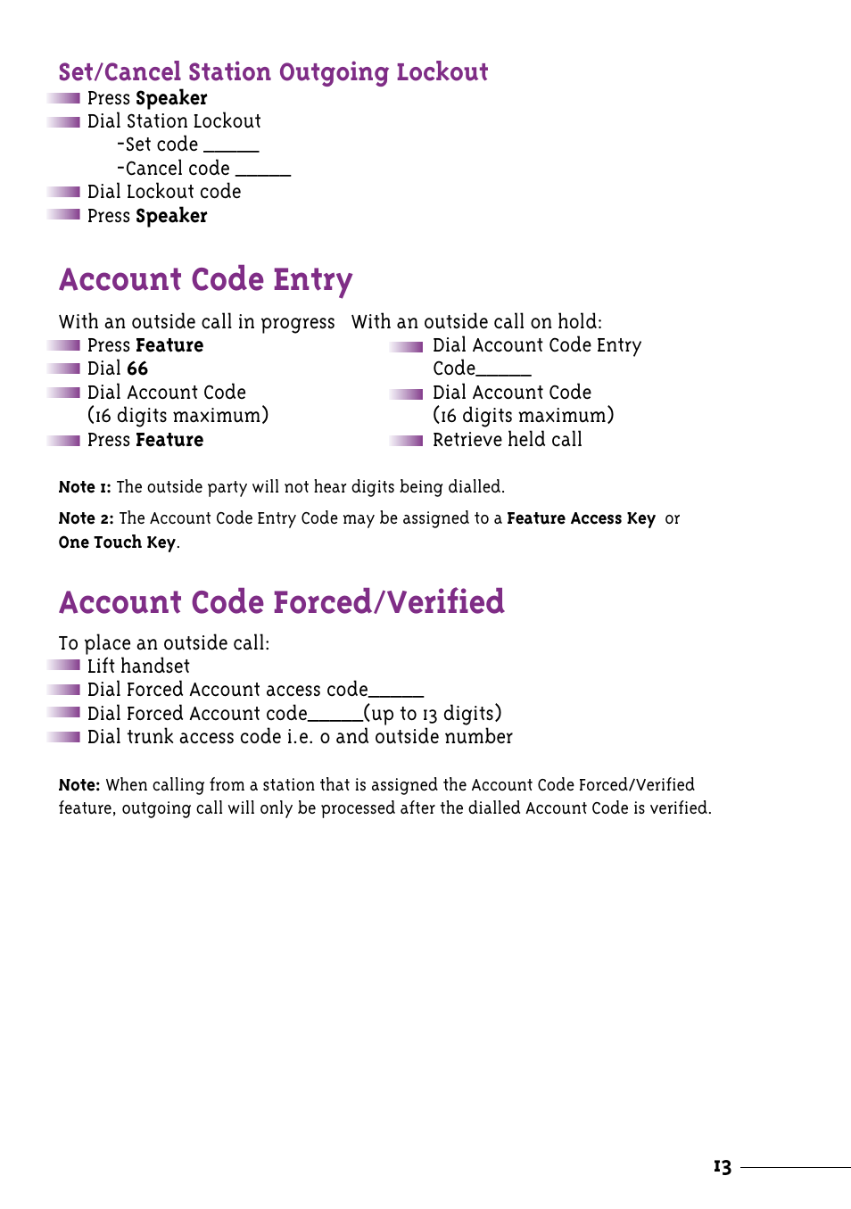 Account code entry, Account code forced / verified, Set / cancel station outgoing lockout | NEC Xen User Manual | Page 15 / 24