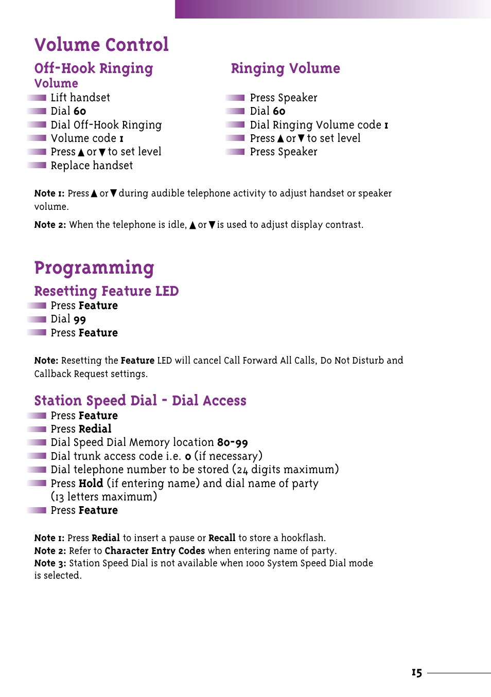 Volume control, Programming, Off-hook ringing ringing volume | Resetting feature led, Station speed dial - dial access | NEC Xen User Manual | Page 17 / 24