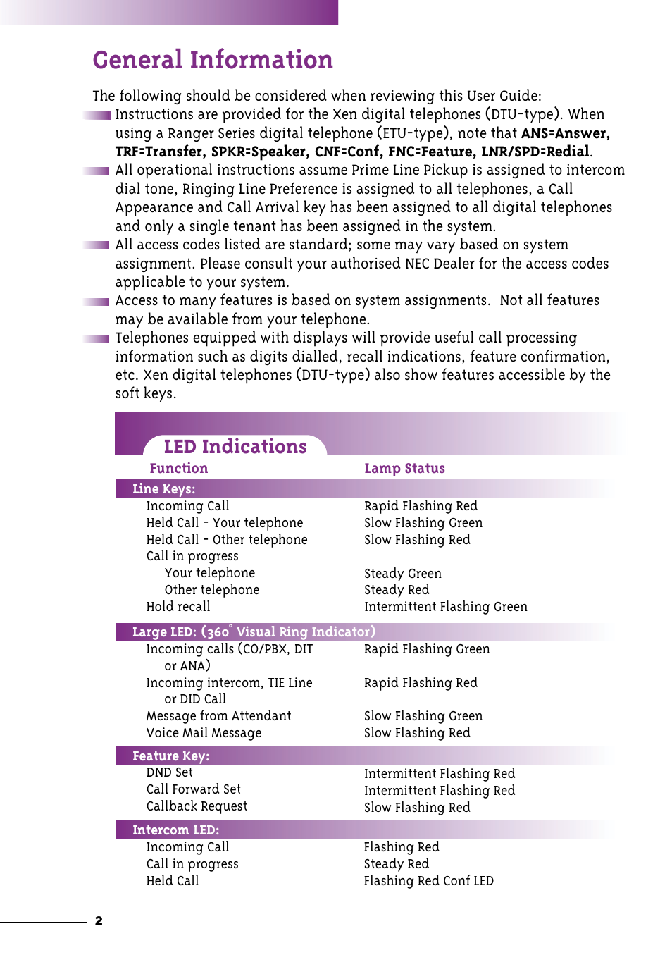 General information, Led indications | NEC Xen User Manual | Page 4 / 24