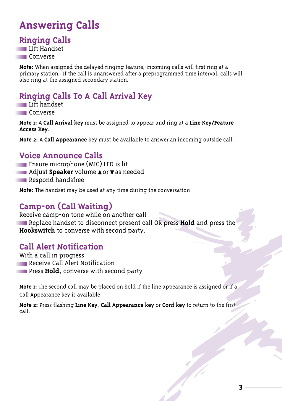 Answering calls, Ringing calls, Ringing calls to a call arrival key | Voice announce calls, Camp-on (call waiting), Call alert notification | NEC Xen User Manual | Page 5 / 24