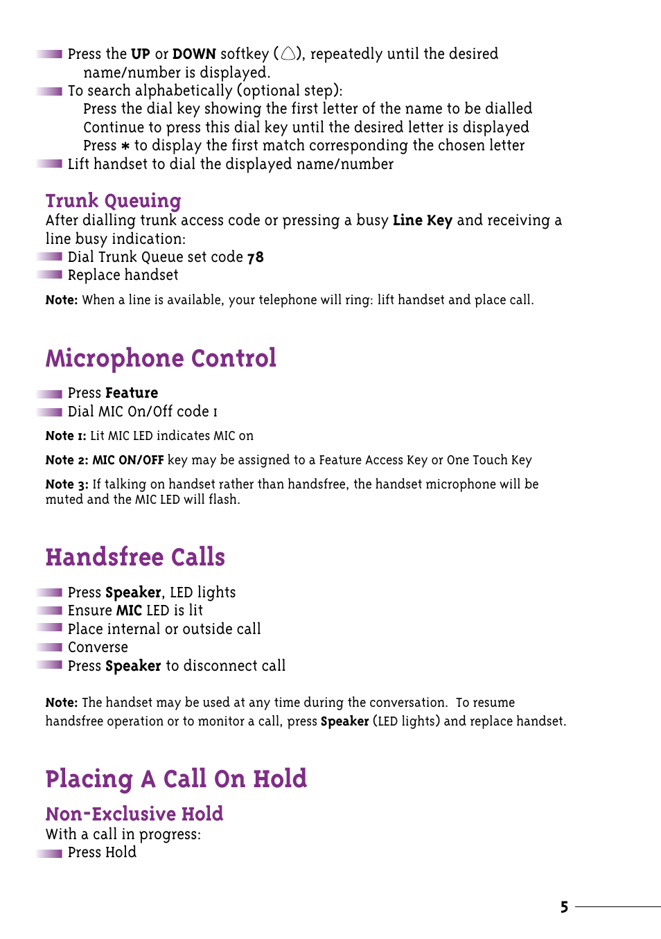 Microphone control, Handsfree calls, Placing a call on hold | Trunk queuing, Non-exclusive hold | NEC Xen User Manual | Page 7 / 24