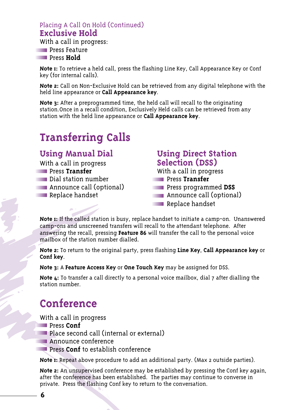 Transferring calls, Conference, Exclusive hold | Using manual dial using direct station, Selection (dss) | NEC Xen User Manual | Page 8 / 24