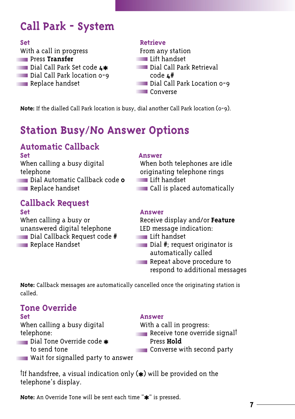 Call park - system, Station busy / no answer options, Automatic callback | Callback request, Tone override | NEC Xen User Manual | Page 9 / 24