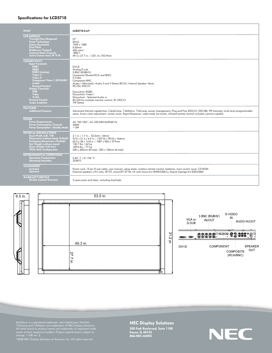 Nec display solutions, Specifications for lcd5710 | NEC MultiSync LCD5710 User Manual | Page 2 / 2