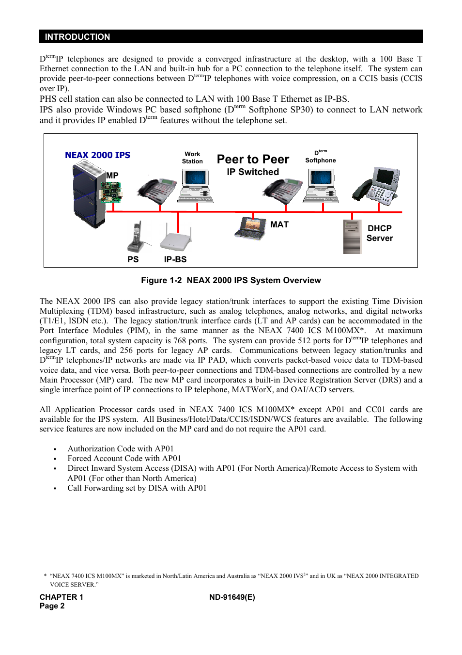 Peer to peer, Features without the telephone set, Ip switched | NEC NEAX2000 ND-91649 User Manual | Page 10 / 58