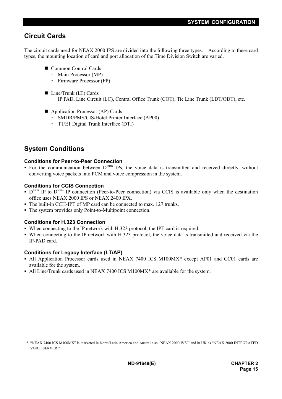 Circuit cards, System conditions | NEC NEAX2000 ND-91649 User Manual | Page 23 / 58