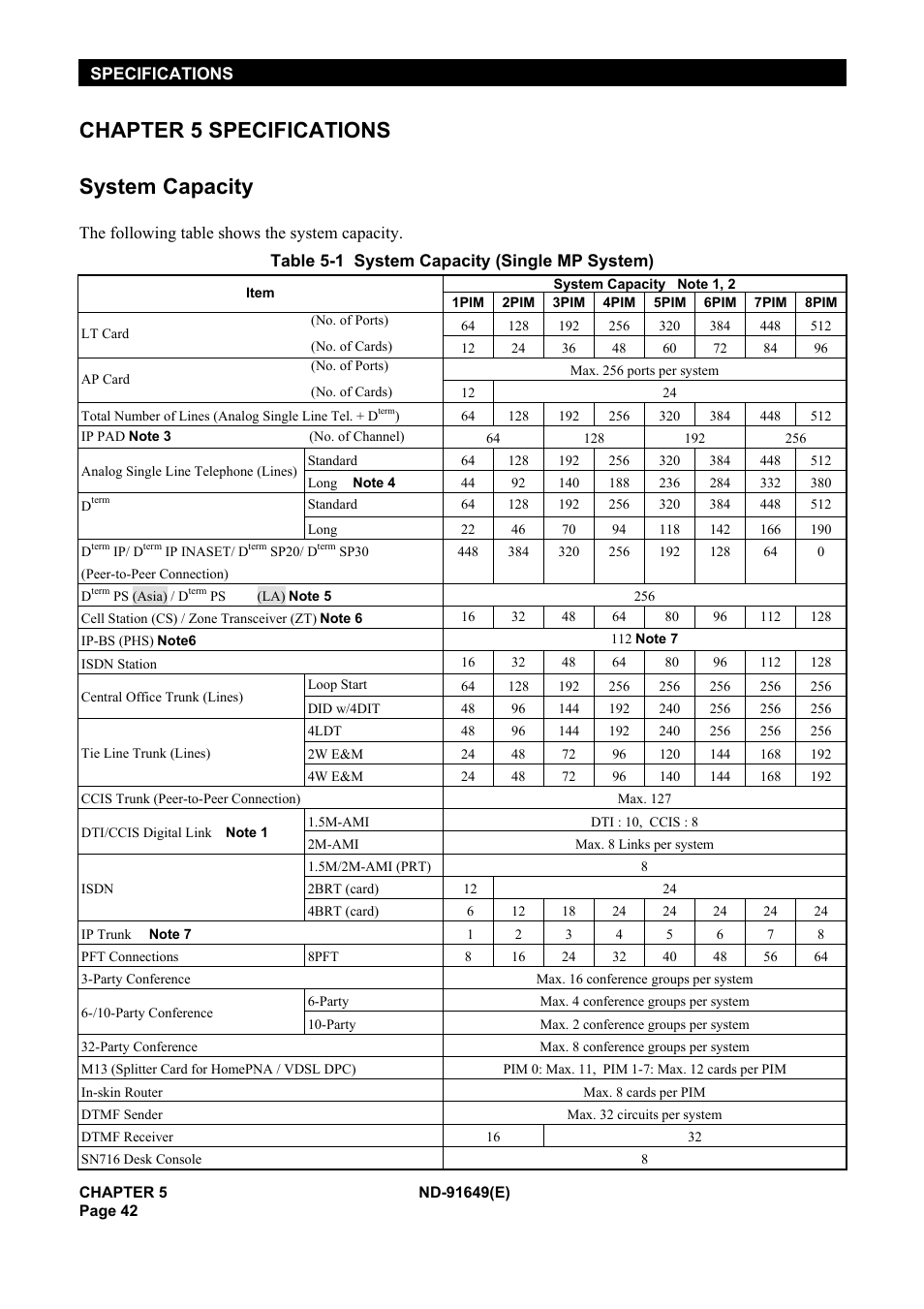 Chapter 5 specifications, System capacity, Chapter 5 specifications system capacity | NEC NEAX2000 ND-91649 User Manual | Page 50 / 58